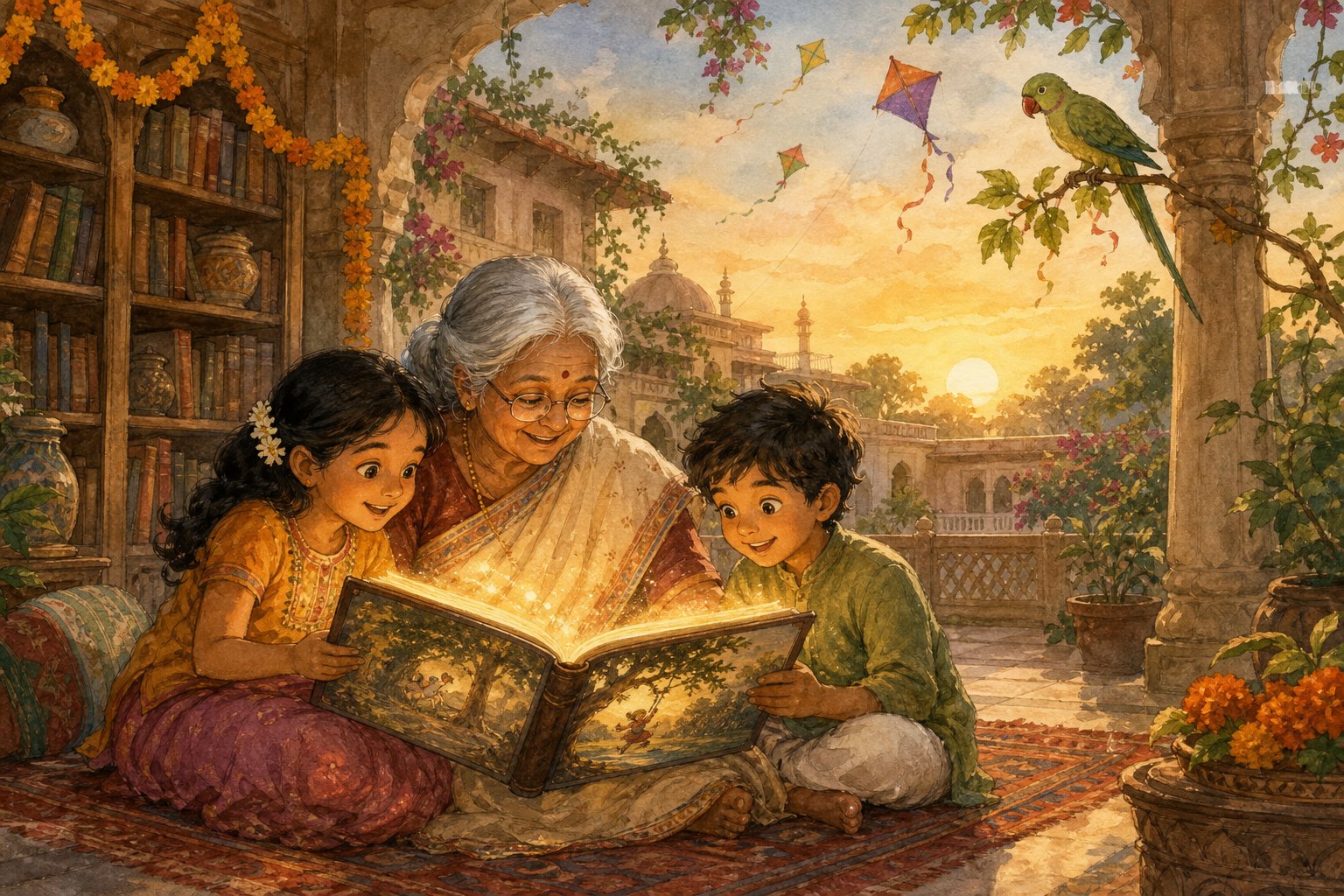 Storybook scene: a grandmother reading a glowing book with two children