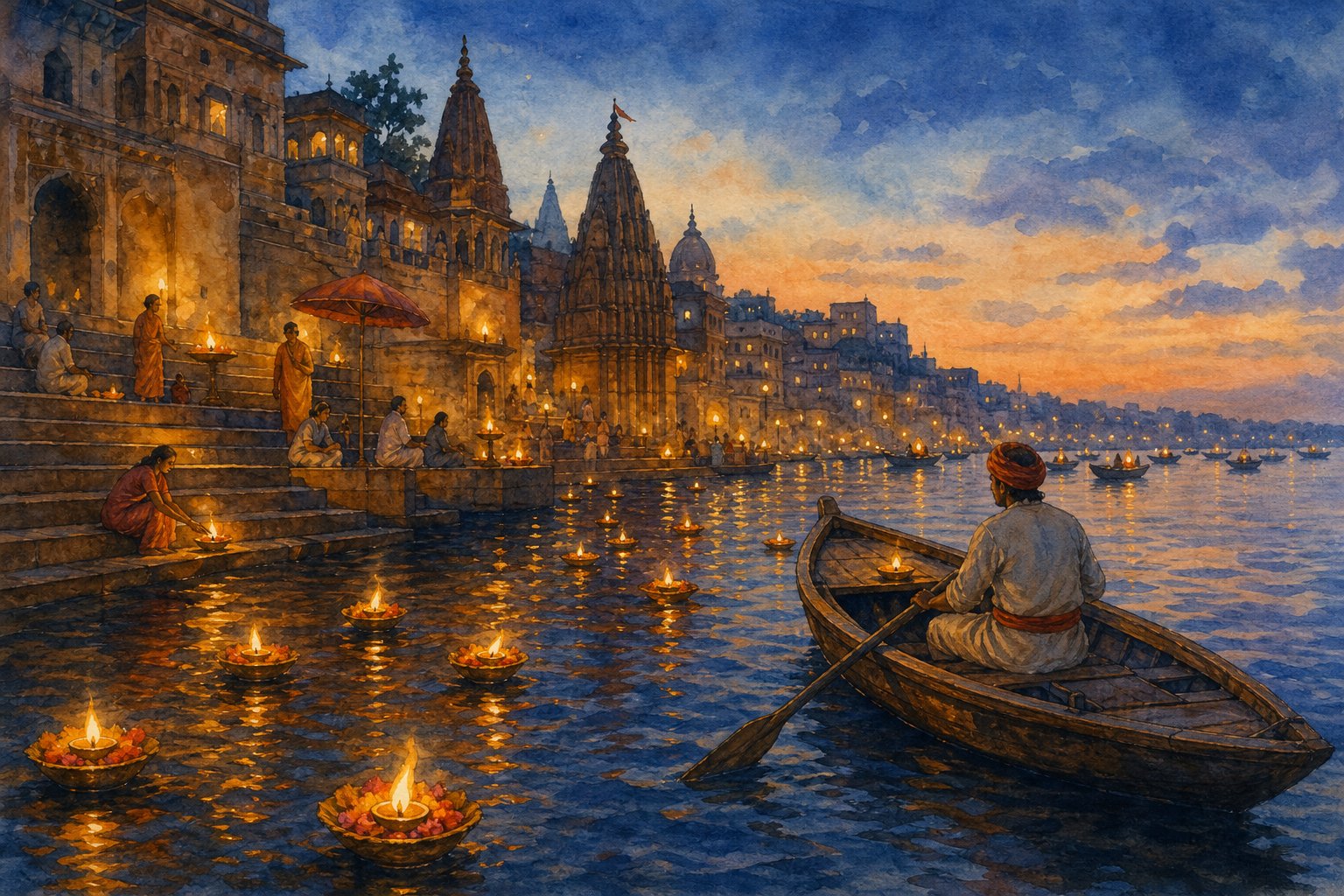 Storybook scene: Varanasi ghats at dusk with floating oil lamps